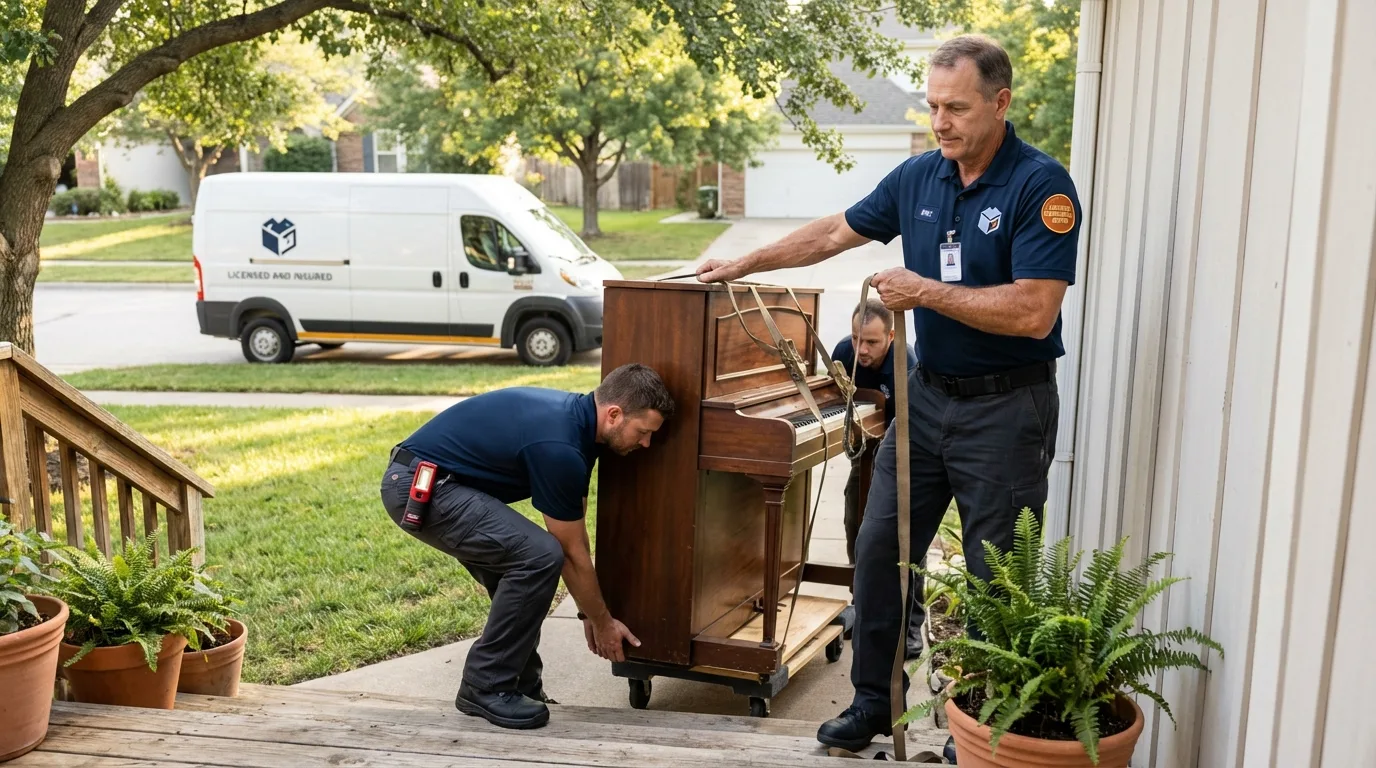 Licensed piano movers securing grand piano in Dunlap, IL