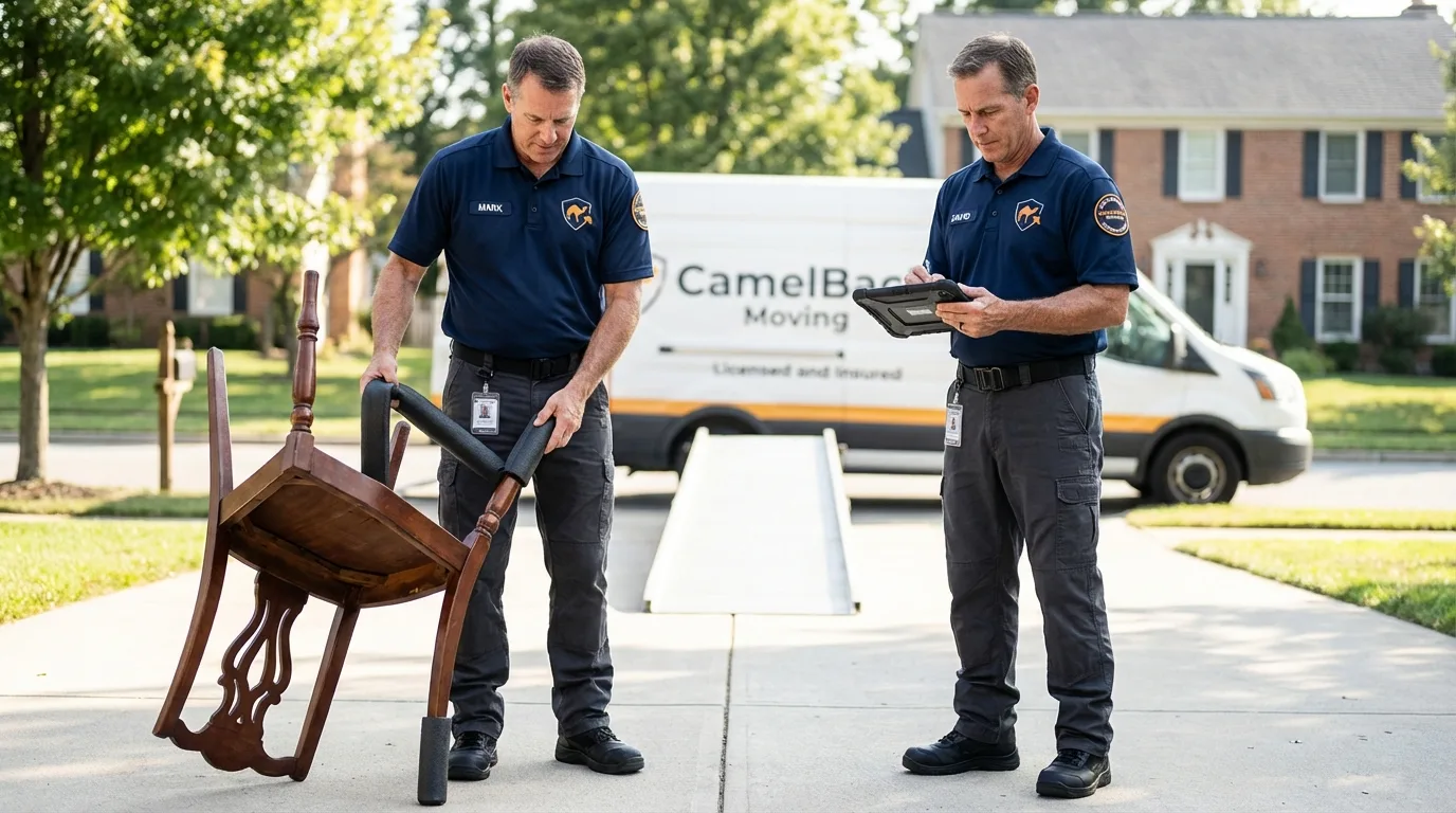 Movers inspecting furniture for damage prevention before loading in Dunlap, IL