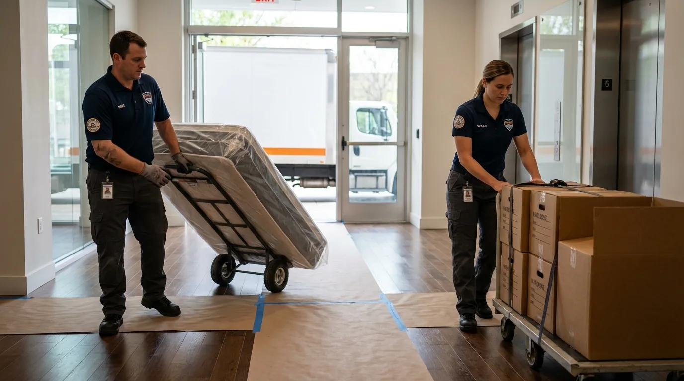 Professional apartment movers loading elevator in Dunlap, IL