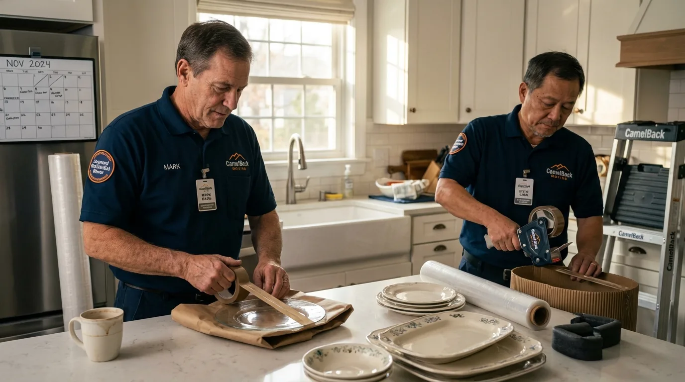 Professional crew packing kitchen dishware in Dunlap, IL